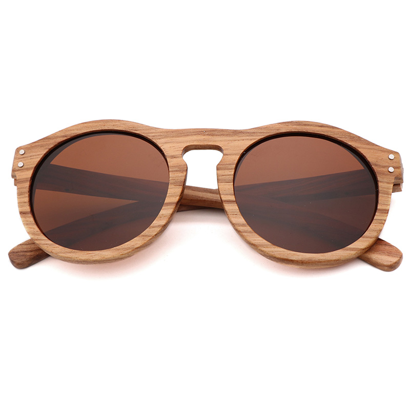 Nuovo 100% Real Zebra Wood occhiali da sole donna occhiali da sole rotondi in legno uomo lenti polarizzate guida UV400 Gafas de sol: Brown