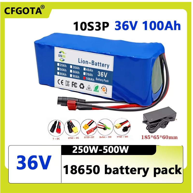 36V 100Ah 18650 battery pack 10S3P 100000mAh built-in 15A BMS, 250W-500W battery+42V 2a charger