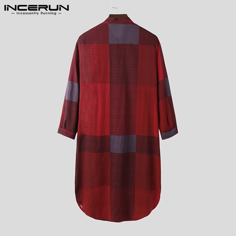Man Mode Plaid Slaap Gewaden Gezellige Knoppen Nachtkleding Incerun Mannen Lange Mouw O Hals Nachtkleding Losse Katoenen Zakken Nachtjapon 5XL