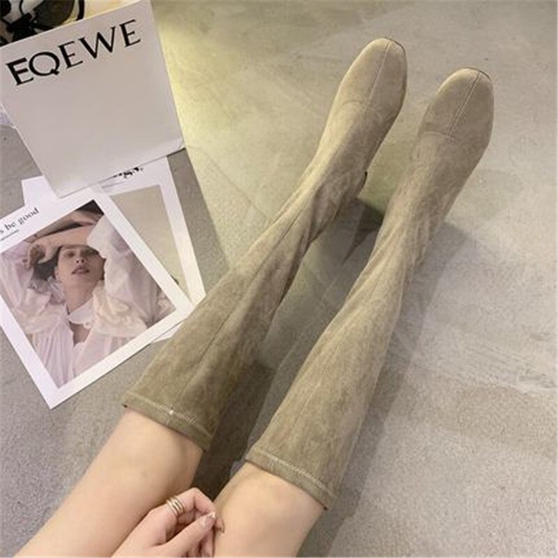 Kvinner lange støvler vårstøvler botas kvinnelige stretch flock slanke støvler sko kvinne svart grå beige roma knehøye støvler