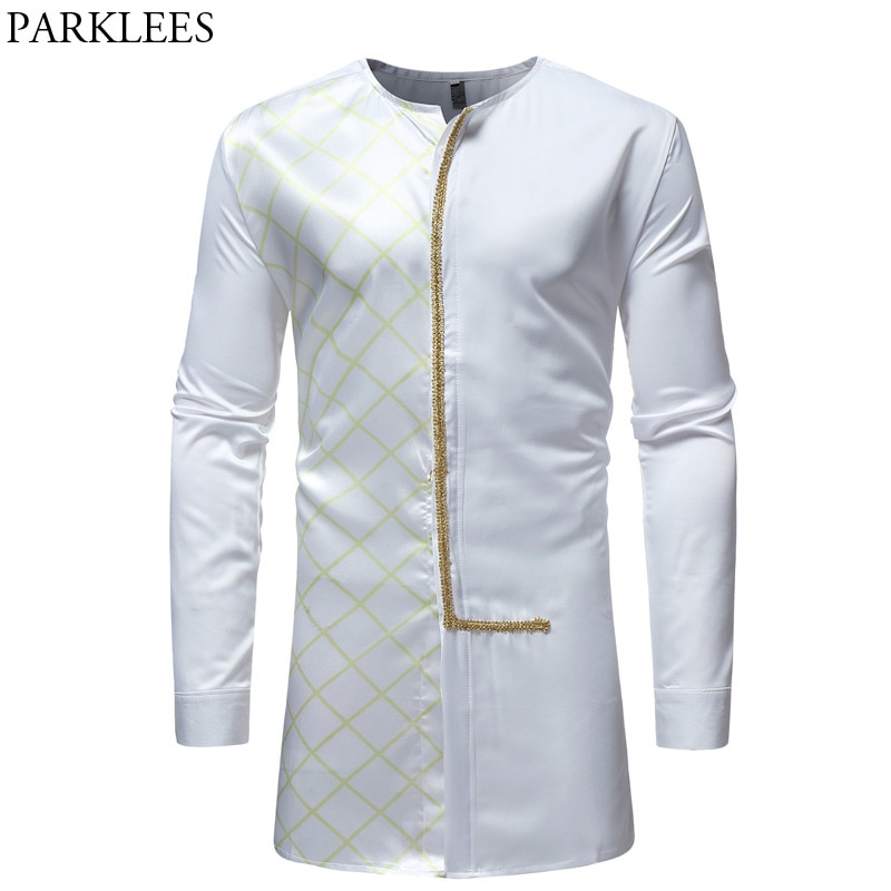 Witte afrikaanse dashiki longline overhemden voor heren, slim fit overhemden met ronde hals, casual kleding voor heren, lange mouwen, afrikaanse kleding