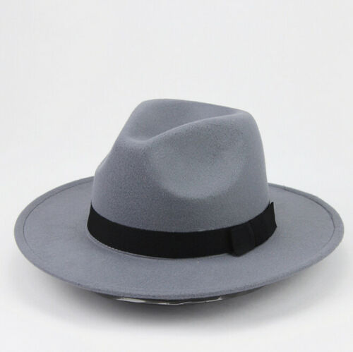 Vintage Men Women fedora derby bowler wool sun-shade brim Belt Felt Hat Wide Brim Fedora Trilby Panama Hat Gangster Cap: Gray