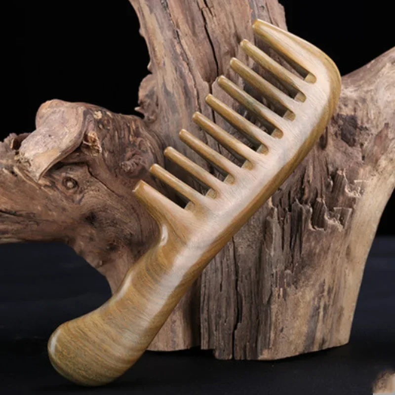 Peine de sándalo verde Natural de 19cm, peine de madera electrostático con mango largo para cabello rizado y liso, herramienta de peluquería antiestática