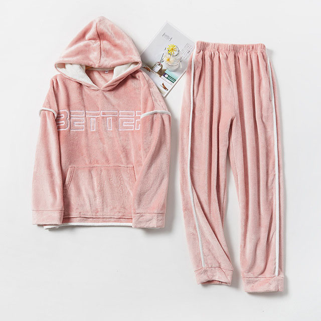 Pijama de franela con capucha para hombre, conjunto de 2 unids/set/conjunto de ropa de dormir gruesa y cálida para parejas, trajes informales sueltos para el hogar: Pink / XXL(80-90KG)