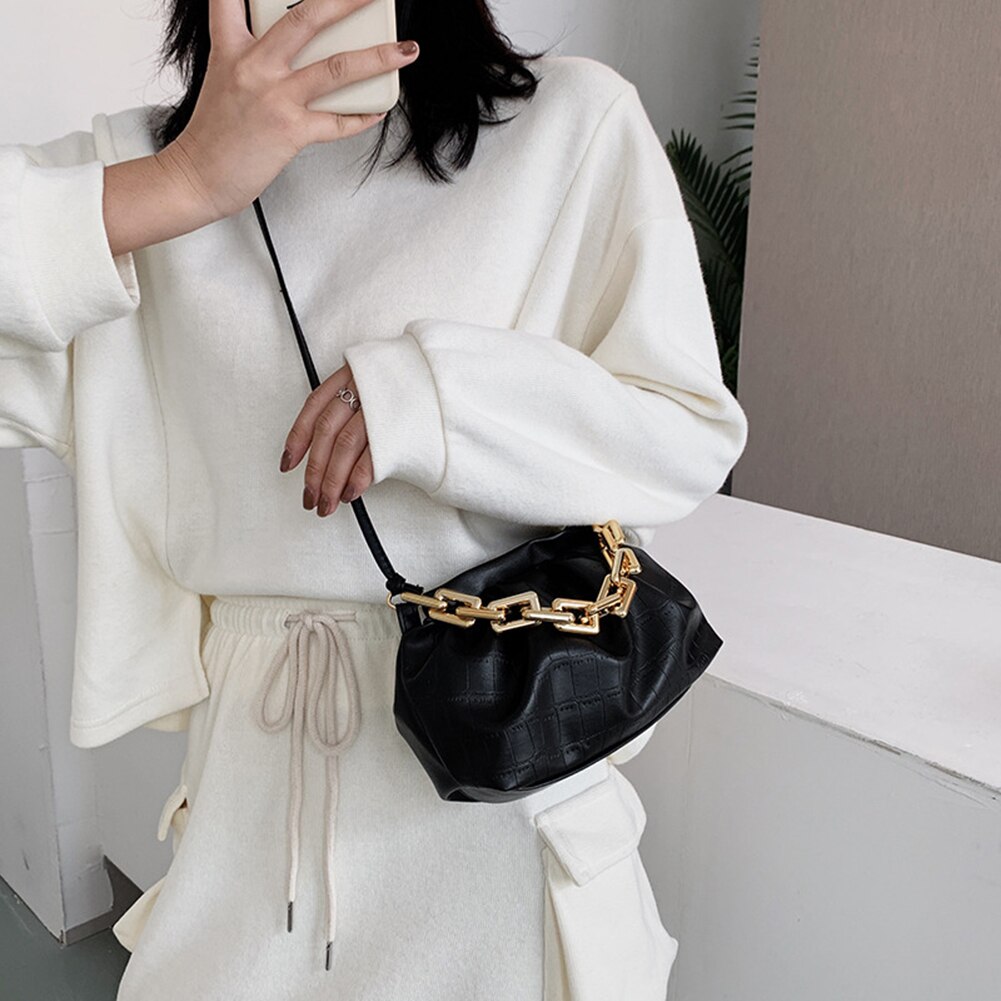 Sacs à main plissés en cuir PU pour femmes, sacs à bandoulière à motif de pierre rétro, sacoche à épaule couleur unie avec chaîne