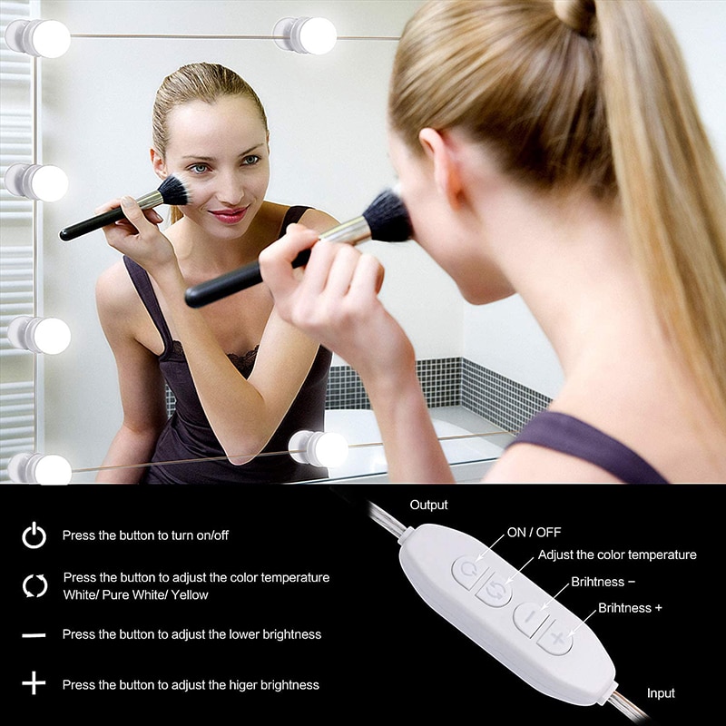 Juego de luces LED para espejo de tocador, de estilo Hollywood, 3 colores, 10 bombillas regulables, tira de accesorios de iluminación para maquillaje, tocador