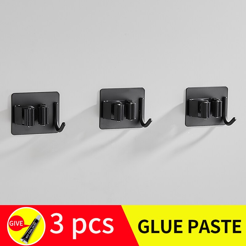 Salon balai et serpillère support inox robe crochets installation sans vis noir salle de bain étagères parapluie étagère de rangement: black-3pcs