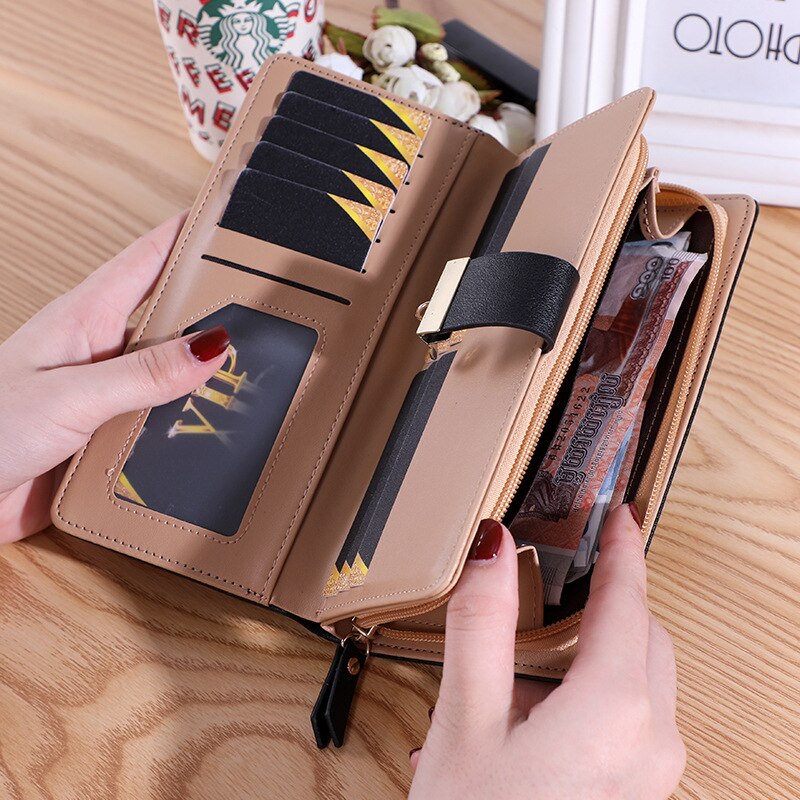 Koreanska kvinnors långa dubbelvikta löv plånbok plånbok clutch mobilväska kortfodral