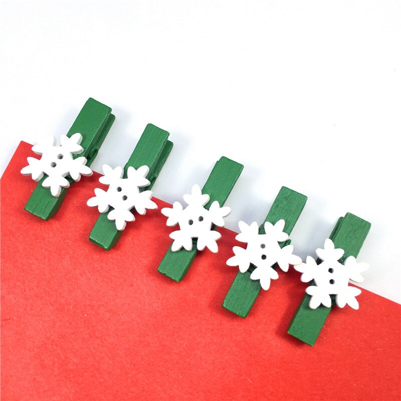 10Pc 3.5*0.7Cm Witte Sneeuw Hout Applique Clip Rood Groen Clip + Witte Bloem Kerst Decoratie wasknijper