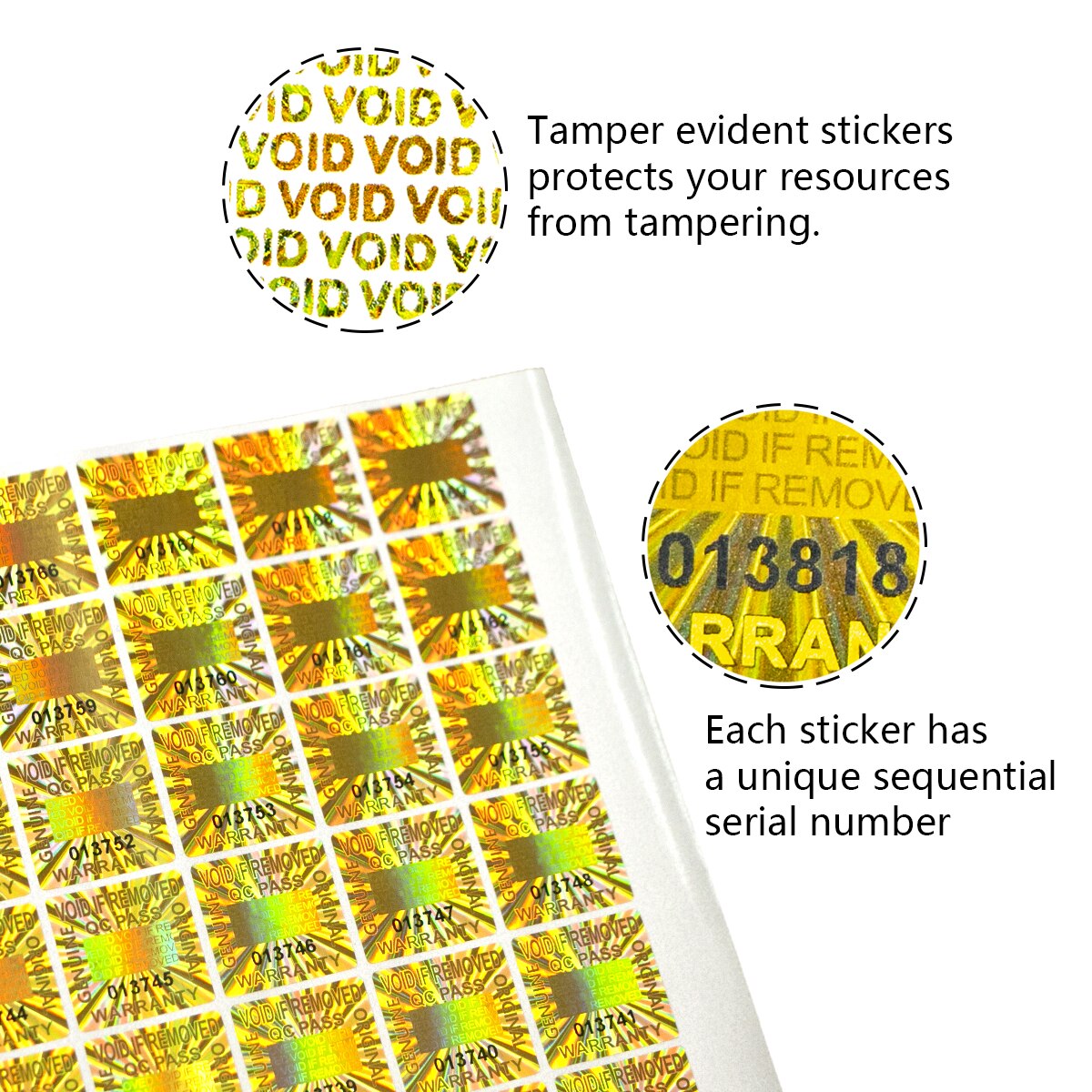 20x20mm Golden Stickers warranty void sticker Tamper Evident Security Seal holographic sticker Adhesive label with serial number