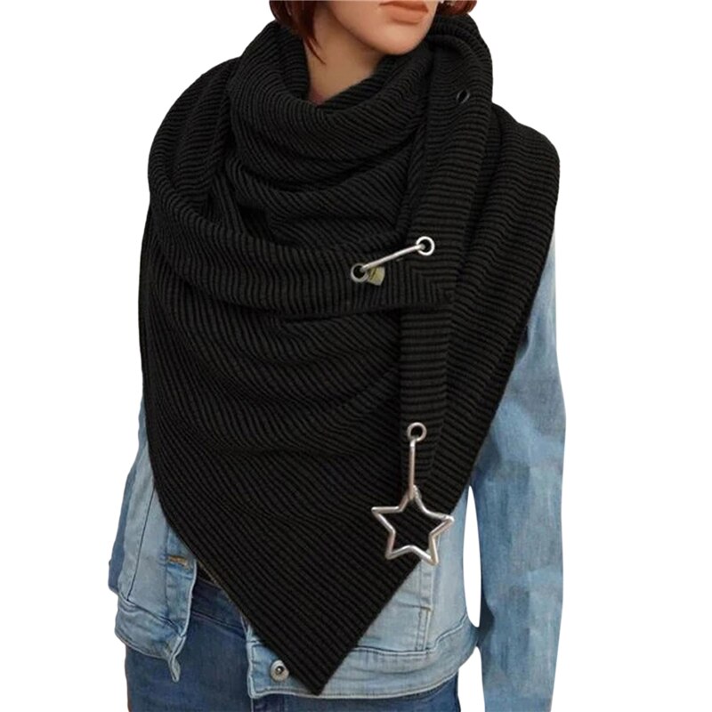 Dames sjaal dames warme wintersjaals met ster hanger zachte sjaals vrijetijds effen stippen print knoop zachte nekwikkel: Zwart