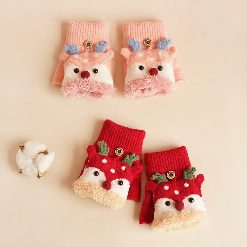 Kinderen Winter Handschoenen Kerst Leuke Cartoon Elanden Flip Halve Vinger Wanten Voor Meisje Jongen Kids Warme Pluche Gevoerd Vingerloze handschoenen