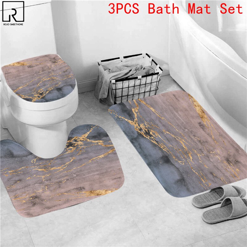 Rideaux de douche en marbre rose, décor brillant pour salle de bain, tissu en Polyester, couverture de toilette, tapis, accessoires de WC: 3PC Mat Set-E