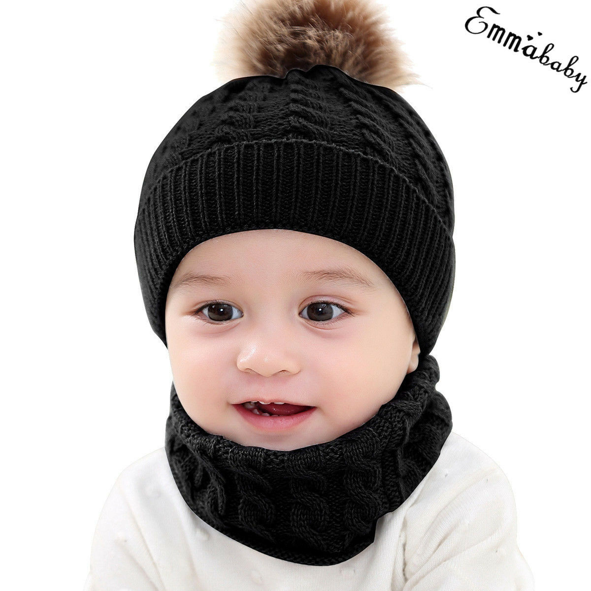 Trend 2PCS Leuke Peuter Kid Meisje Jongen Baby Baby Winter Warm Haak Muts Beanie Casual solid Cap Sets: Black