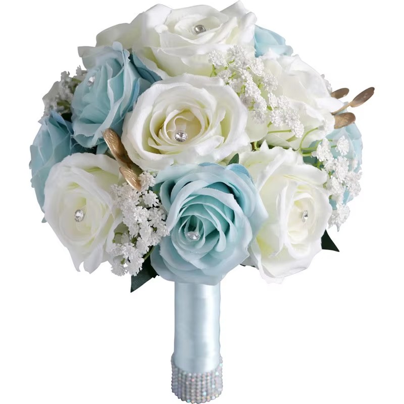 perfectlifeoh Hochzeitsstrauß, blaue weiße Rosen, künstliche Blumen, Braut- und Hochzeitsstrauß, Hochzeit