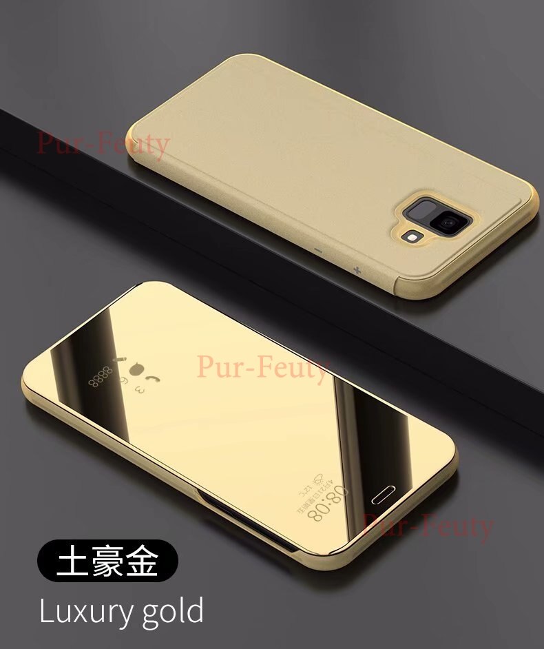 Flip etui til samsung galaxy  j6 sm j600 j600fn j600fn/ ds sm -j600f sm -j600f/ ds sm -j600fn klart speil pu skinndeksel: Gull