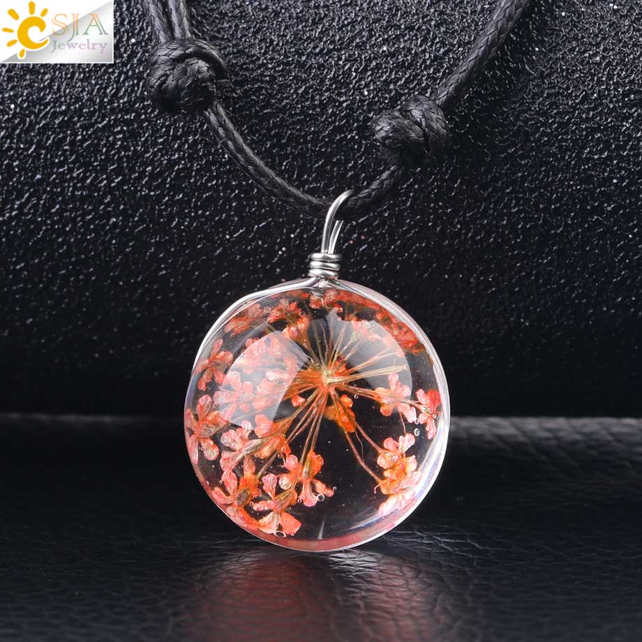 CSJA Decorativo di Modo di Fiori Secchi Collane & Pendenti con gemme e perle di Vetro Palla A Secco Pianta Pendente Corda di Cuoio per le Donne di Fascino Dei Monili F586: Orange