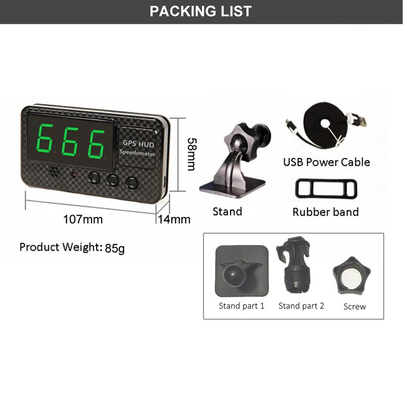 GPS Speedometer 3Inch GPS Head-up Mileage HUD Display Digital Speed Alarm MPH KMH Altitude Display Projector Overspeed Warning