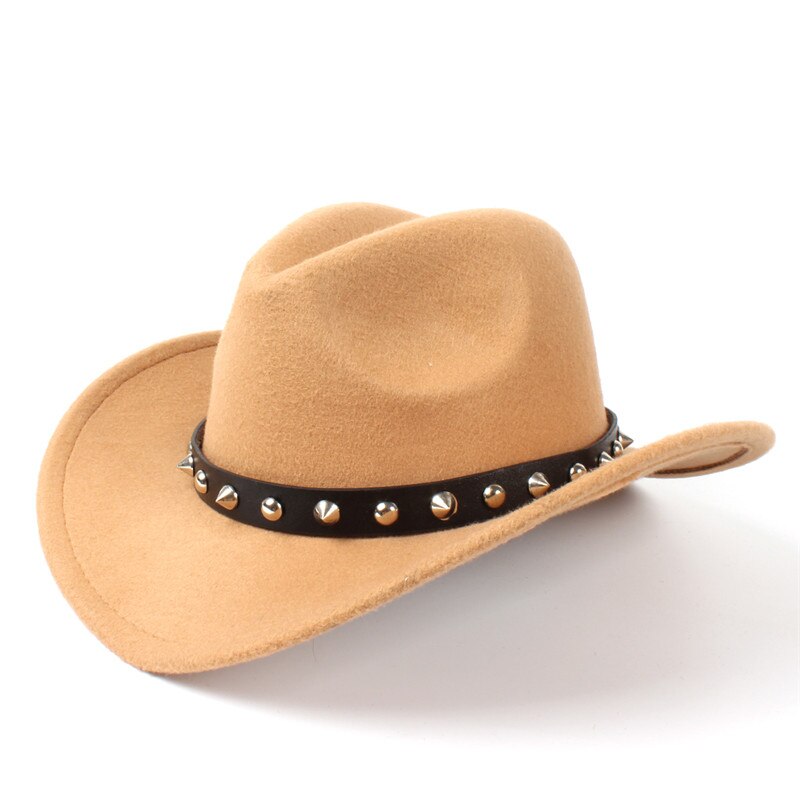 Damer uldfilt vestlig cowboyhue med sammenrullet bred kant gentleman lady jazz cowgirl punk nittebælte sombrero caps  c18: Khaki
