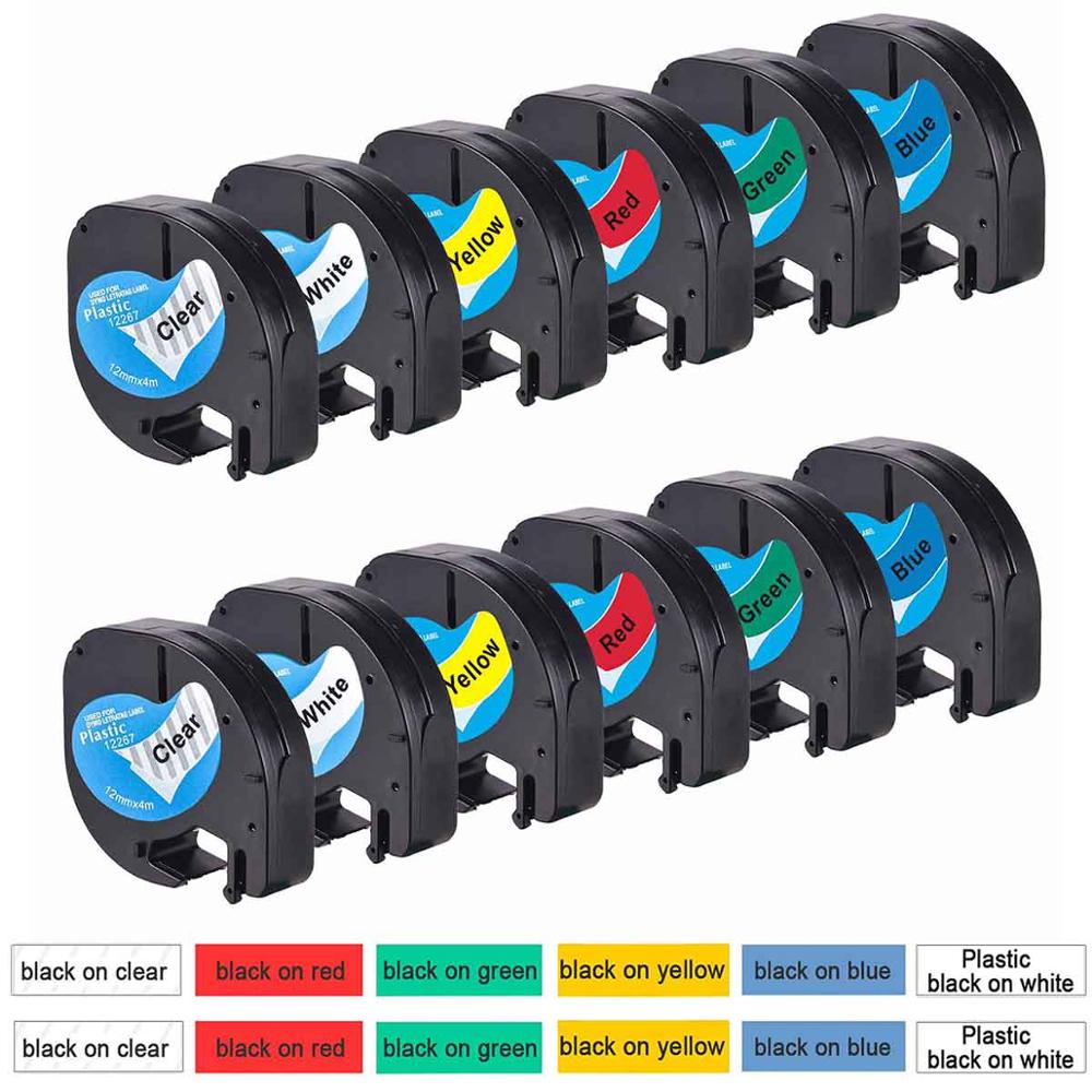 12Pcs Label Tape - 12mm - Plastic & Paper - For Dymo Letratag LT-100H Label Maker: Set A