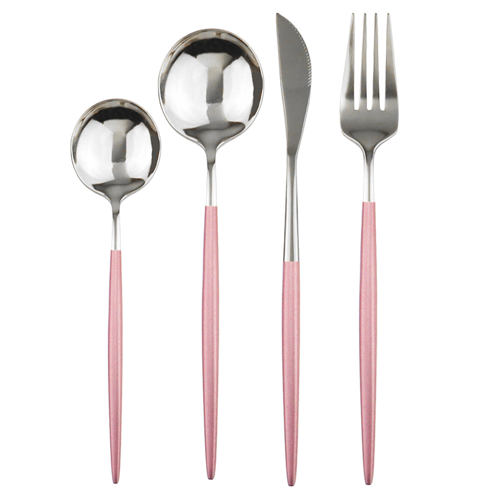 JANKNG 4Pcs Black Dinnerware Set Dessert Spoon Flatware Set Stainless Steel Tableware Mirror Kitchen Gold Cutlery Silverware Set: Pink Silver