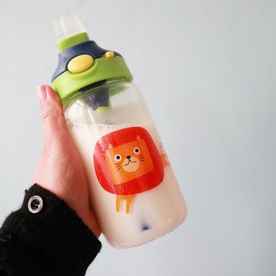 Bouteille d'eau en verre avec animaux pour enfants, avec sangle de sac en paille, couvercle supérieur verrouillable, anti-fuite, sans BPA, pour garçons, voyage randonnée, 500ml: Lion without bag