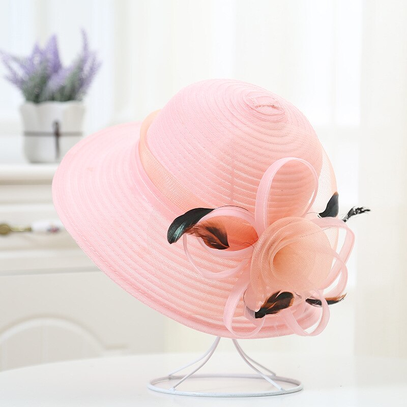 Verano de mujer de sombrero grande de cinta con flores de Floppy sombrero de sol de playa Kentucky Derby boda sombreros para Misa: Rosa