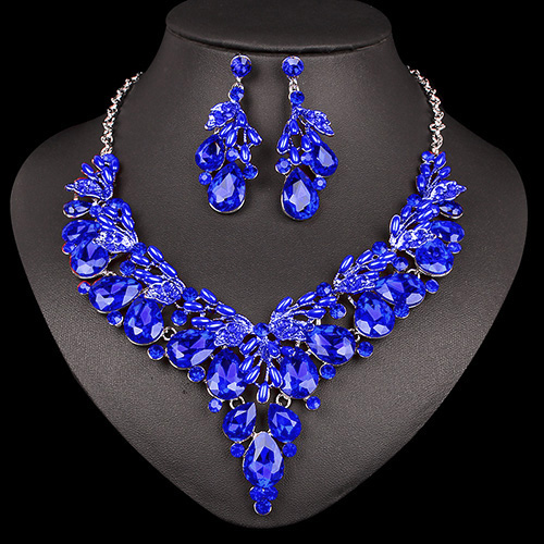 Crystal Ketting Oorbellen Indian Luxe Bruids Sieraden Set Wedding Party Prom Kostuum Sieraden Kerstcadeau voor Vrouwen: blue in silver