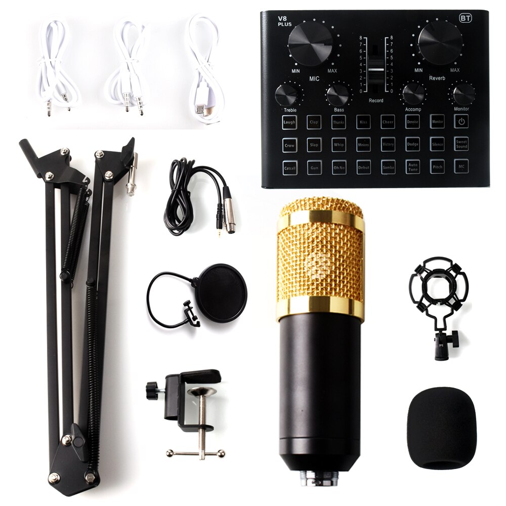 bm 800 Microphone Studio Recording Kits bm800 Condenser Microphone for Computer Phantom Power Karaoke Sound Card: Gold V8Plus A