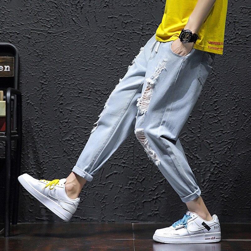 Pantalones vaqueros de para hombre, pantalones de estilo coreano Harajuku con agujero roto, holgados de talla grande, Harem, ropa,