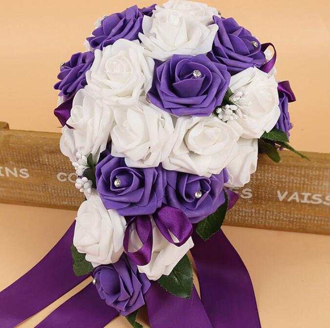 PE Foam Flower Artificial Bridal Bouquets Crystal Bridesmaid Bridal Wedding Bouquets Water Shaped Turquoise Royal Blue 131: purple