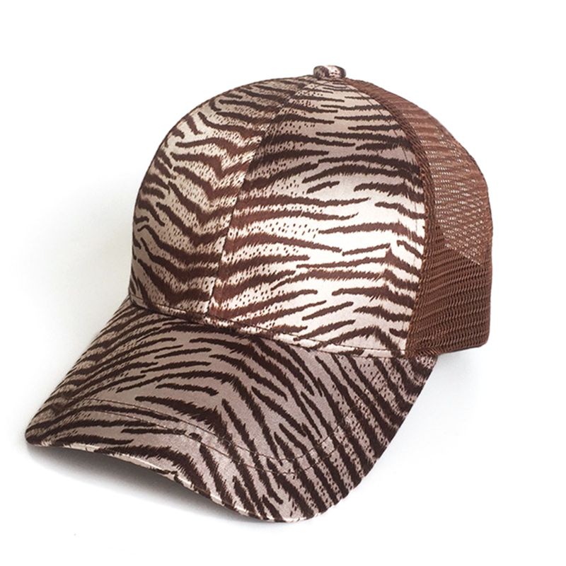 Women Ladies Summer Mesh Back Messy High Bun Ponytail Holder Cap Vintage Leopard Zebra-Stripes Adjustable Snapback Trucker Hat