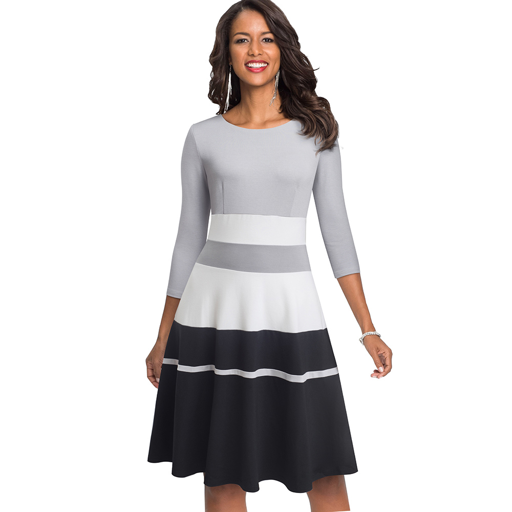 Nice-forever Retro Contrast Kleur Patchwork vestidos Business Party Flare A-lijn Vrouwen Winter Jurk A173