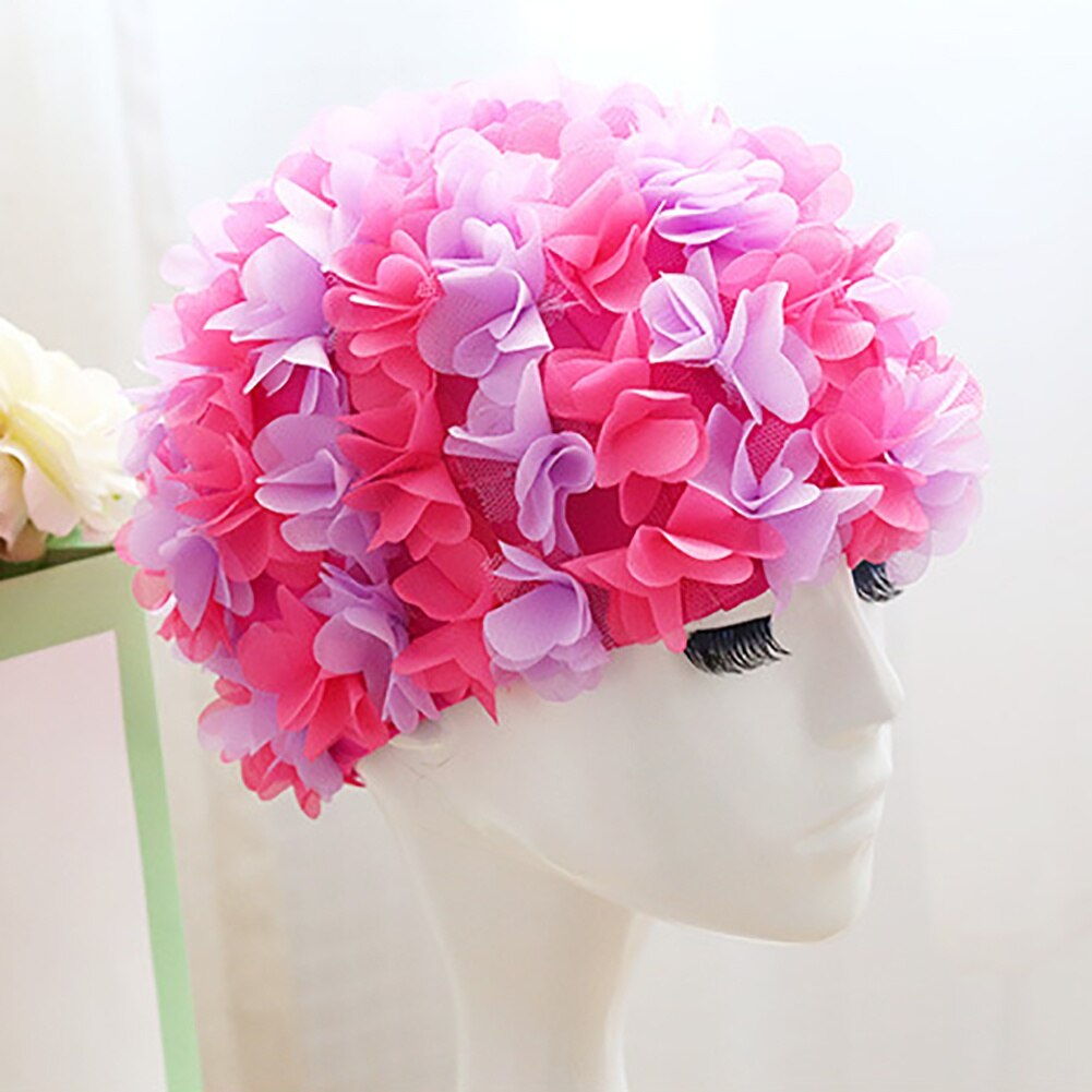 Gorro de natación de flores para mujer, cómodo gorro de piscina transpirable, pétalos tridimensionales elásticos, diadema de pelo largo con forro grande