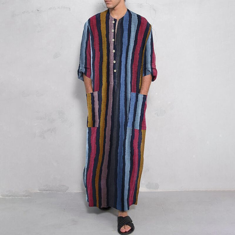 Túnica popular de Oriente Medio para hombre, informal islámica de manga larga árabe a rayas, Túnica musulmana de Camisa estampada, otoño e invierno,