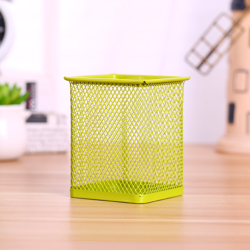 Pencil Holder Office Desk Metal Mesh Square Pen Pot Case Stationery Container Organiser Durable Pencil Case Black: Square green