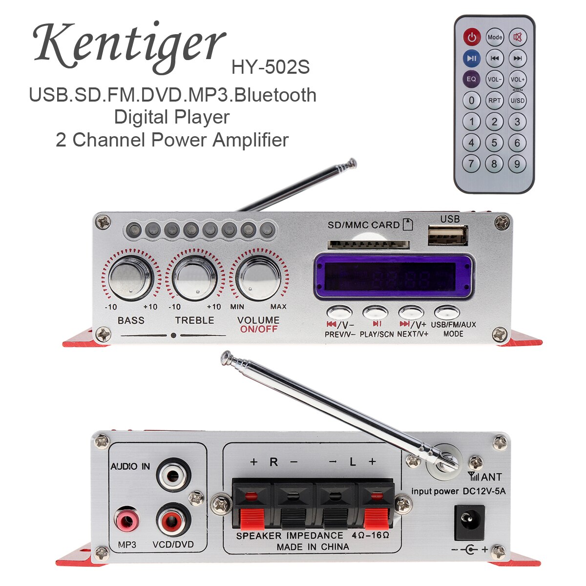 Kentiger-miniamplificadores de auriculares HY-502S DC 12V, amplificador de auriculares SD/USB, Radio FM con Control remoto para casa/coche, compatible con Bluetooth