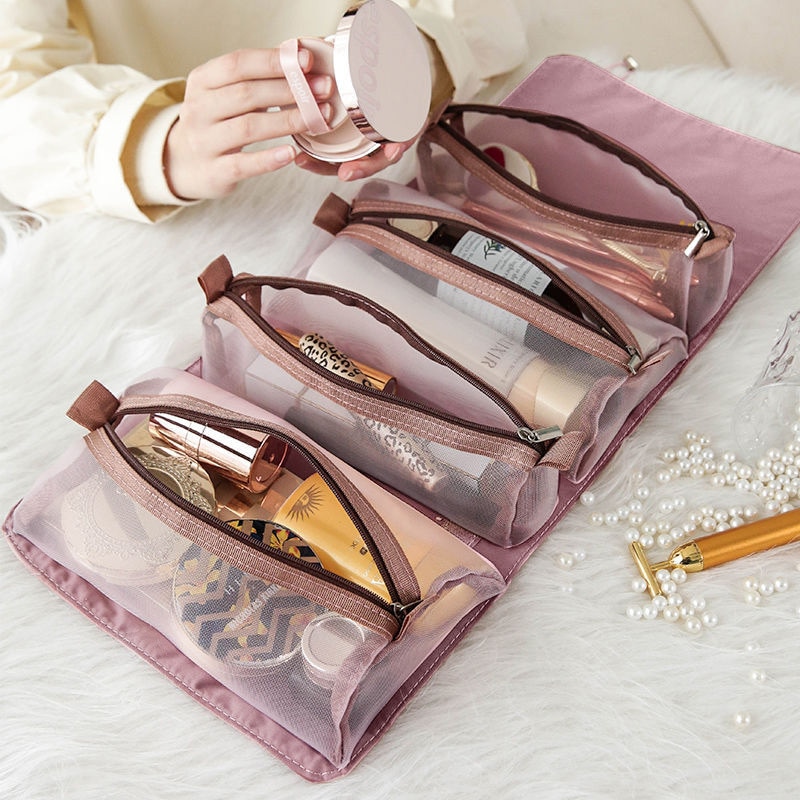 4 Stuks In 1 Cosmetische Tas Voor Vrouwen Rits Mesh Scheidbare Cosmetica Pouch Dames Opvouwbare Nylon Tas Touw Make-Up Tas kosmetyczka