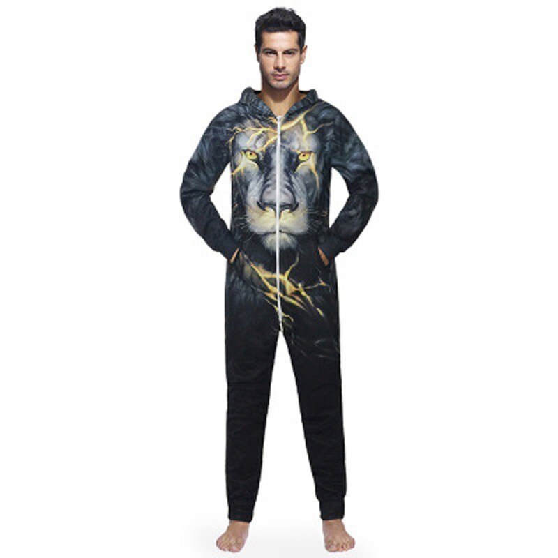mono con capucha de talla europea para hombre, pijama con estampado de León relámpago, enterizo para adultos: XXL