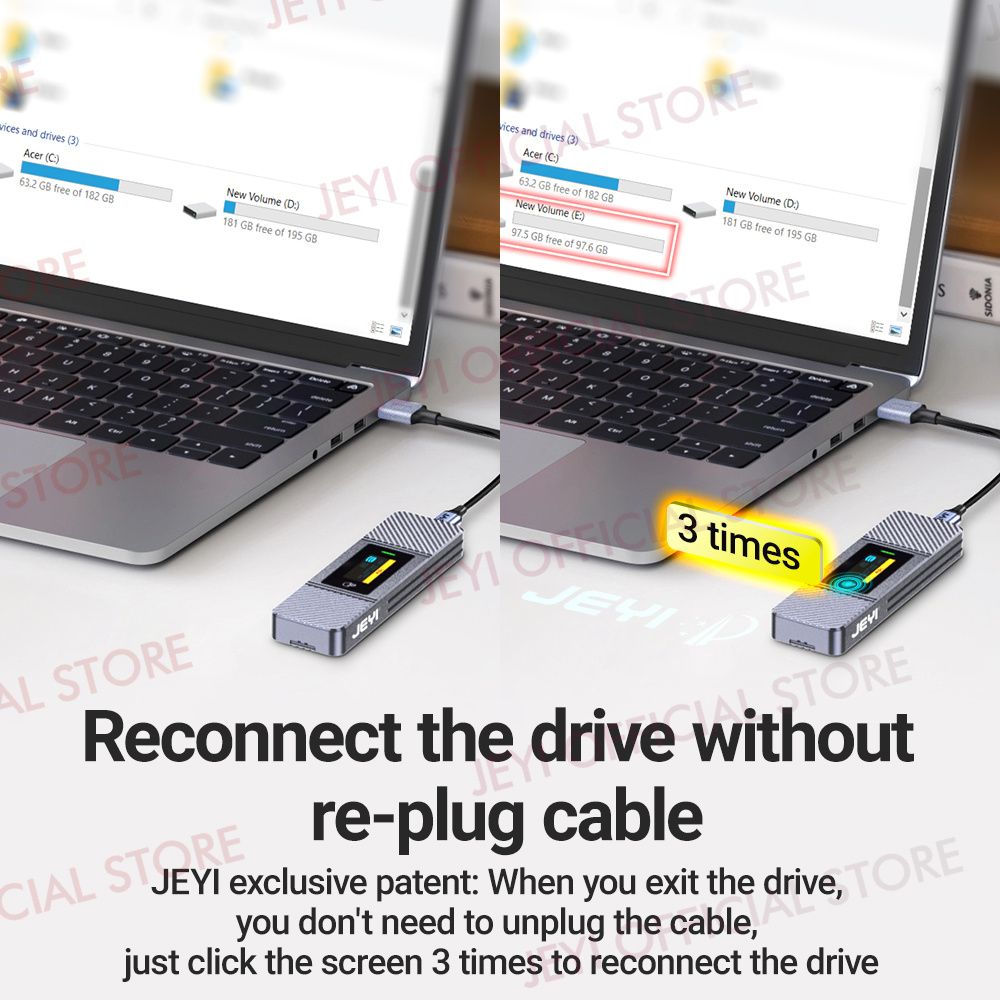 Obudowa JEYI Visual Smart M.2 NVMe NGFF SSD, obsługuje ochronę przed zapisem 5s, ponowne podłączenie 3s, USB 3.2 Gen2 10 Gb/s, wykończenie UASP