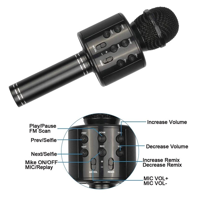Black Portable Handheld Wireless Bluetooth Karaoke OK Microphone and Bluetooth Speaker MIC Speaker Record Music KTV Microphone