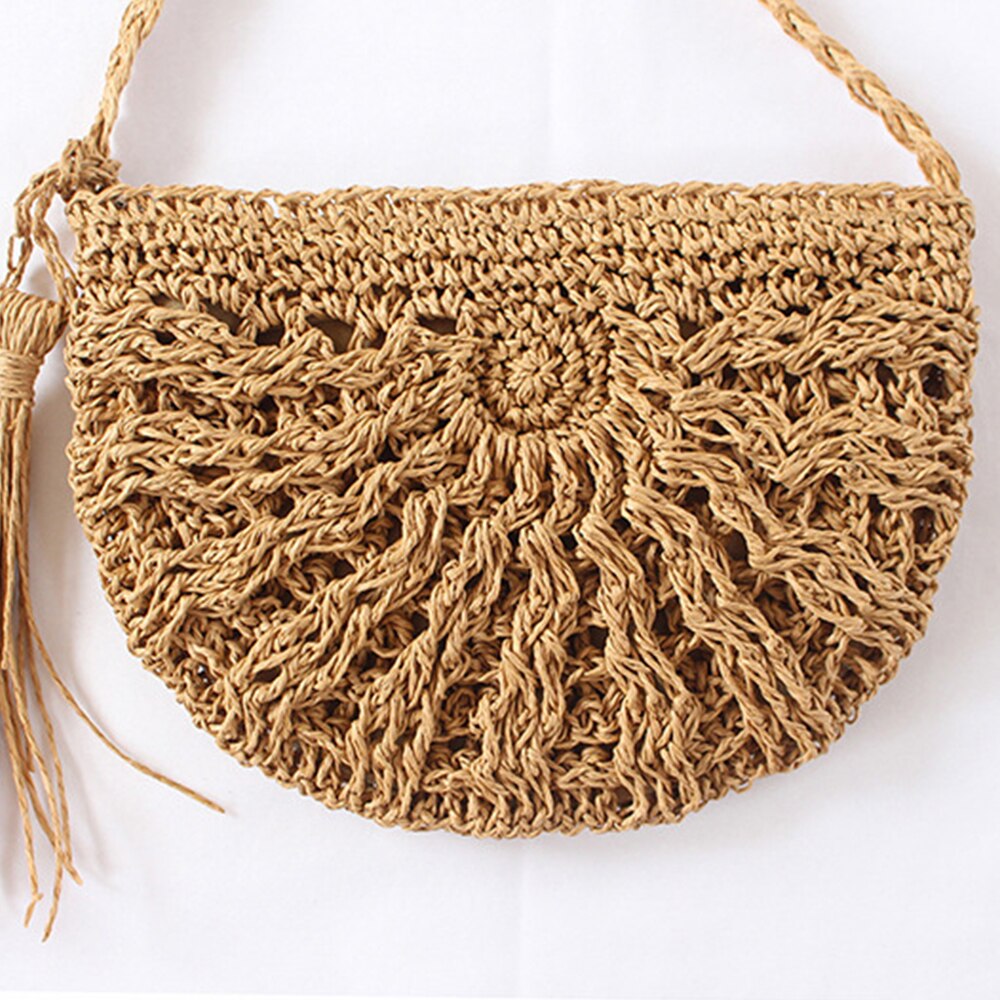 böhmen stil taschen Frauen Stroh Tasche Retro Rattan Handtasche Woven Sommer Strand Schulter Taschen Half-runde Tote Runde durchmesser