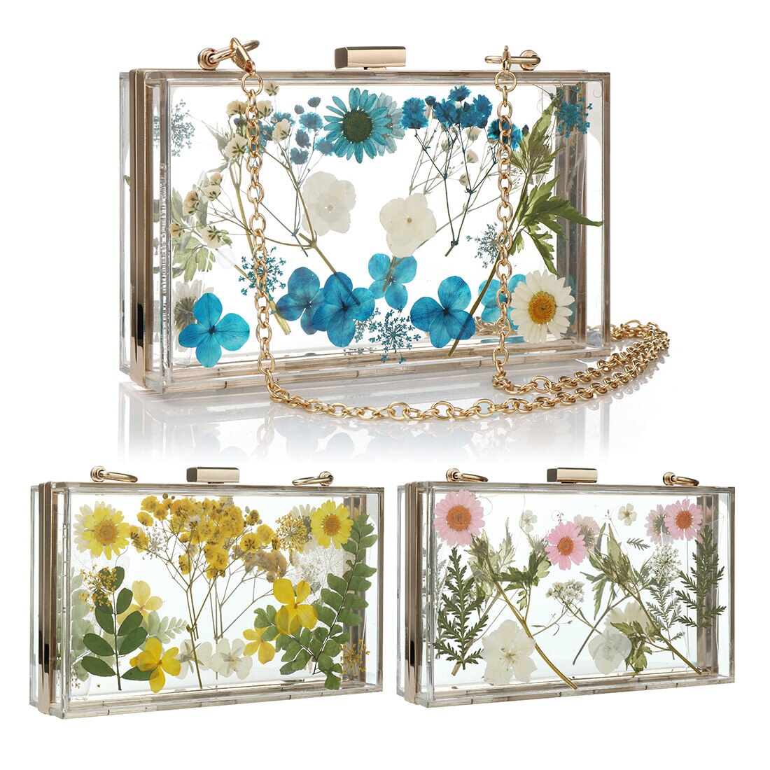 Ins Populaire Acryl Box Clutch Bag Met Ketting Bloemen Crossbody Tas Vrouwen Party Avondtasje Transparante Box Zak Met bloem