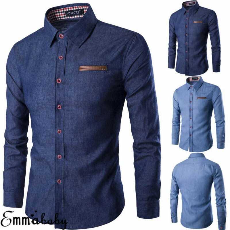 Menn casual slim fit stilig vask denim lange ermer jeansskjorter smart casual herreklær m-xxxl