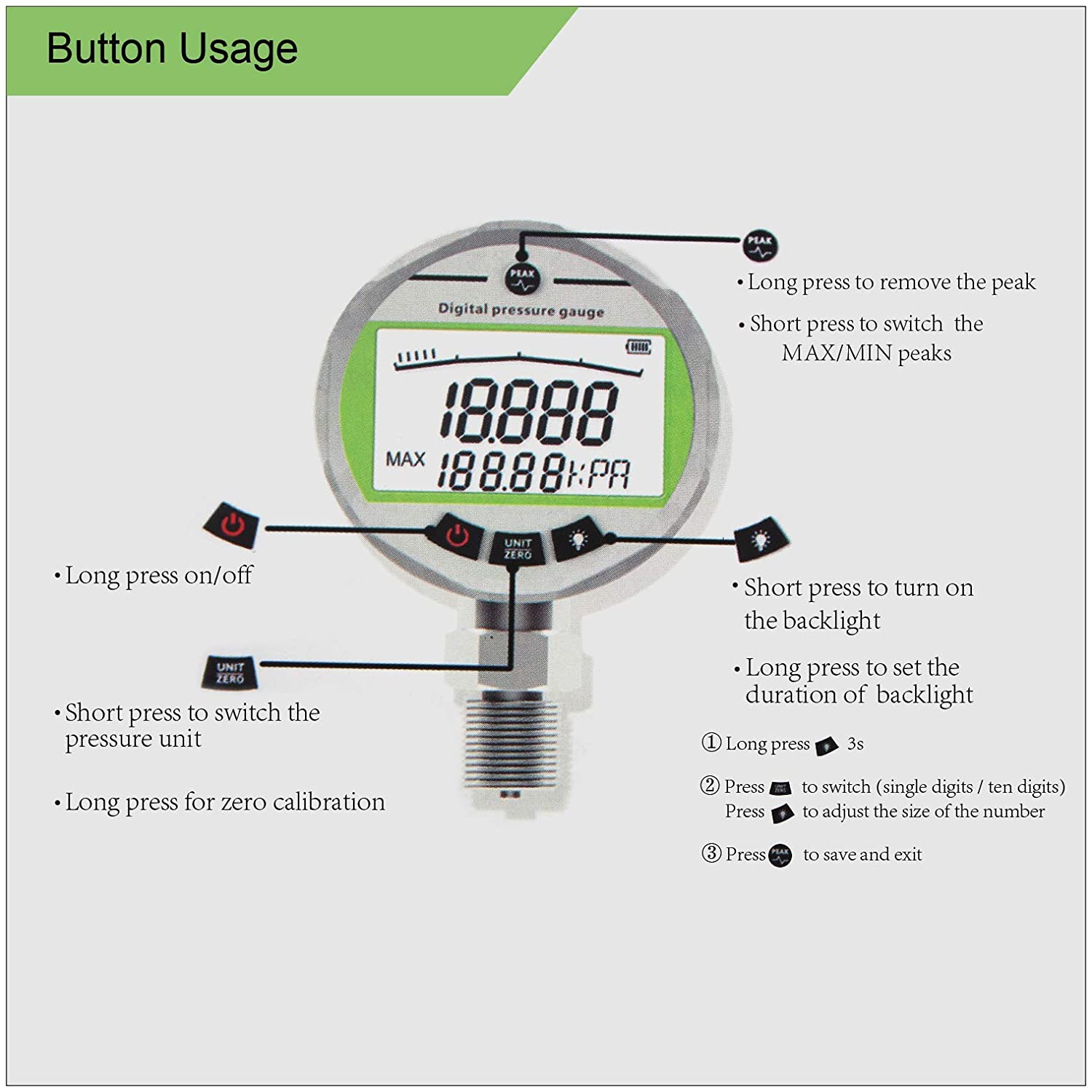 Digitales Manometer 25MPA/3600PSI mit NPT1/4 G1/2 M10*1 Schnittstelle 1 % FS Genauigkeit Hydraulisches Luft-/Gas-/Wasser-/Öl-Manometer