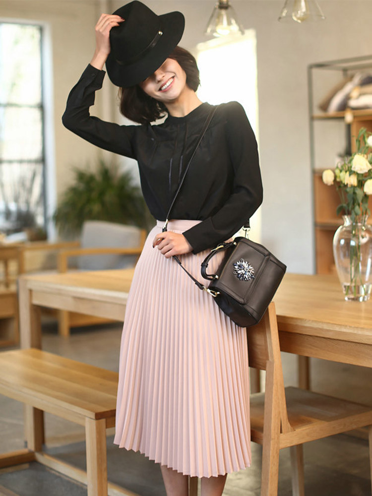 Spring and Autumn Women's High Waist Pleated Solid Color Half Length Elastic Skirt Promotions Lady Black Pink