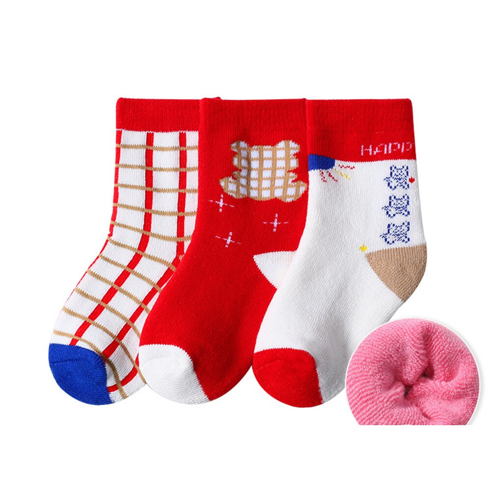 3 paia di calzini per neonati invernali addensati caldi per bambini ragazze ragazzi spugna Cartoon asciugamano per bambini calzino accessori per neonati: Red Plaid Bear / L(3-5Y)