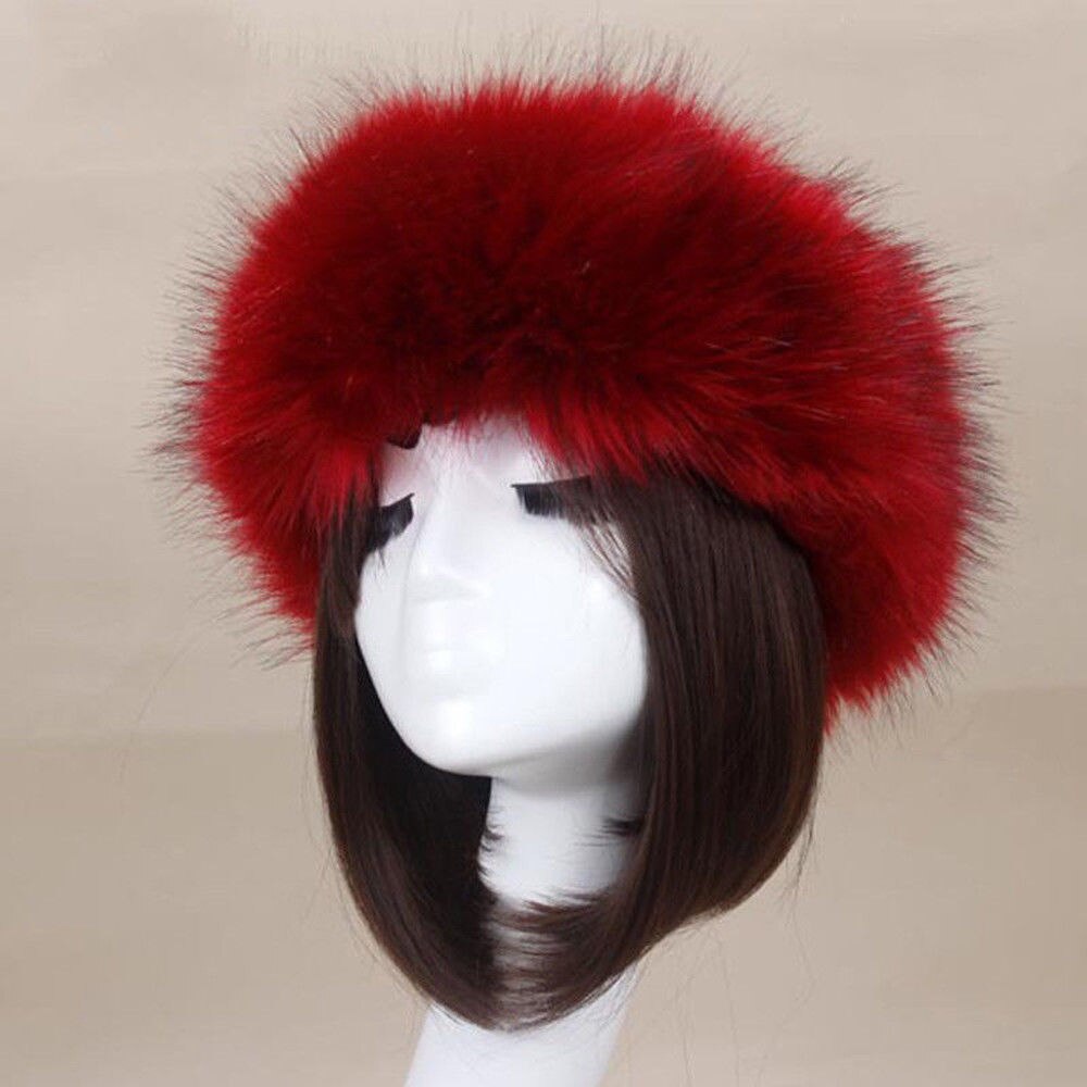 Winter Thick Furry Hairband Fluffy Russian Faux Fur Women Girl Fur Headband Hat Winter Outdoor Earwarmer Ski Hats: Wine red
