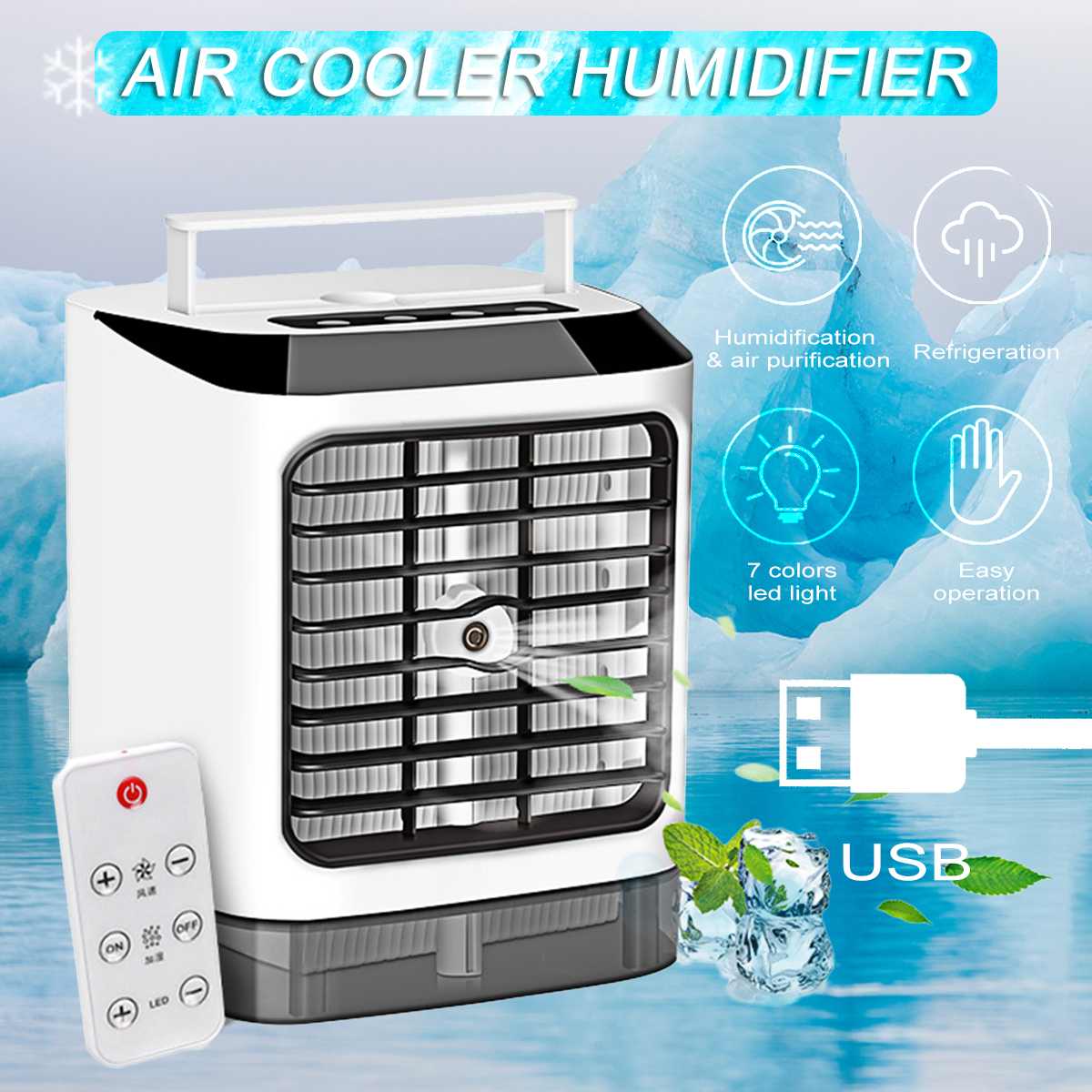 3IN1 Mini Draagbare Airconditioner 7 Kleuren Led Airconditioning Luchtbevochtiger Purifier Usb Desktop Air Cooler Fan + Afstandsbediening