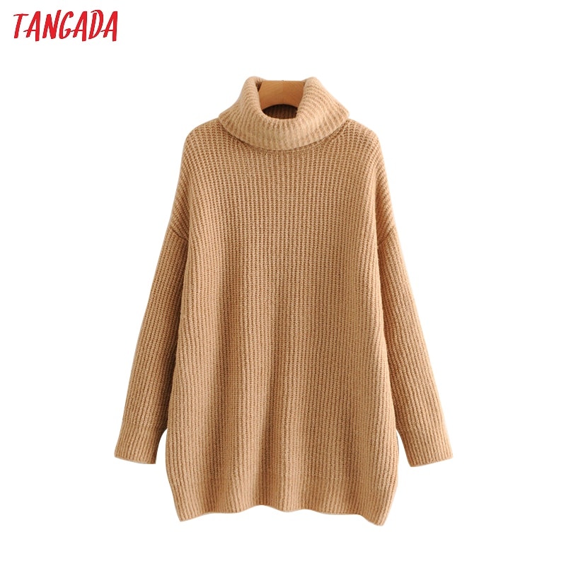 Tangada kvinder solide sweaters rullekravetrøjer oversize efterår vinter lang sweater frakke flagermusærmer løst strik top  hy31